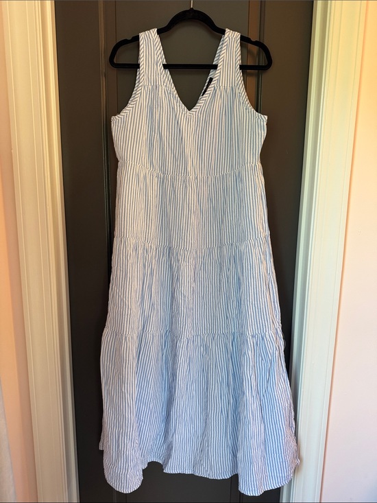 Quince Dresses & Skirts - Quince 100% Cotton Blue and White Striped Tiered V-Neck Maxi Dress Size S